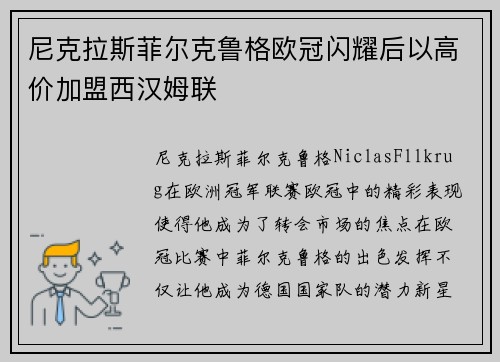 尼克拉斯菲尔克鲁格欧冠闪耀后以高价加盟西汉姆联