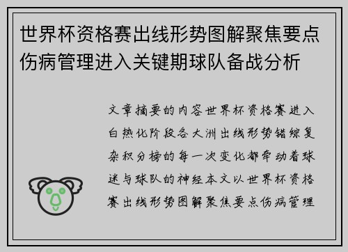 世界杯资格赛出线形势图解聚焦要点伤病管理进入关键期球队备战分析