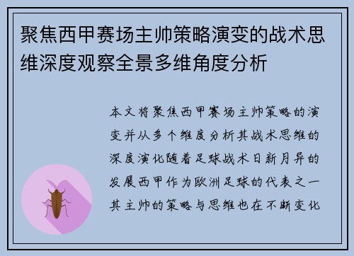 聚焦西甲赛场主帅策略演变的战术思维深度观察全景多维角度分析 聚焦西甲赛场主帅策略演变的战术思维深度观察全景多维角度分析