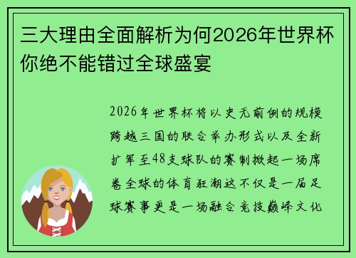 三大理由全面解析为何2026年世界杯你绝不能错过全球盛宴 三大理由全面解析为何2026年世界杯你绝不能错过全球盛宴